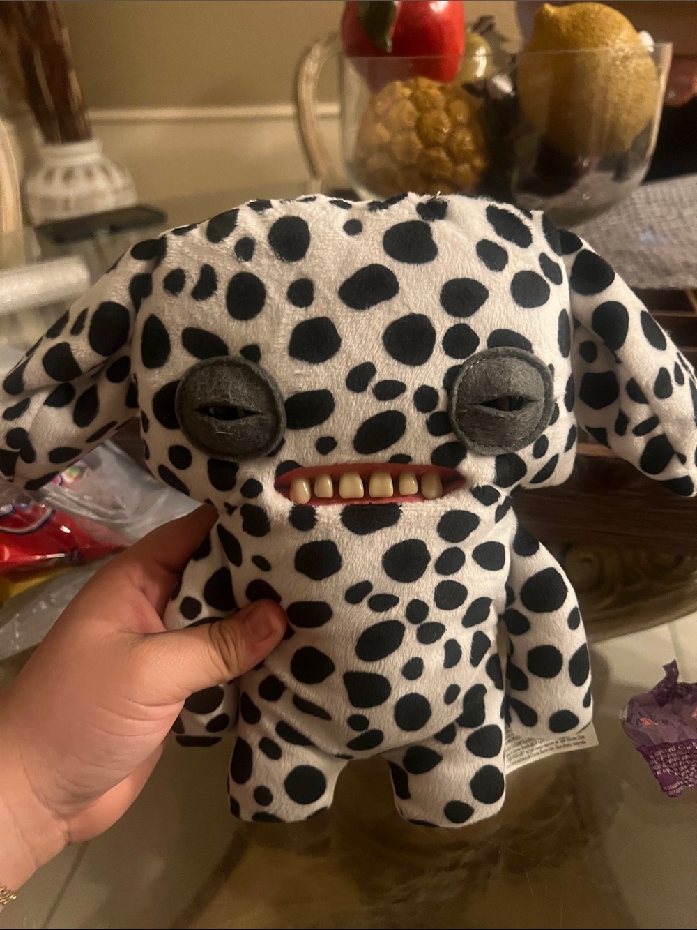 Spotted Plush Dog Toy with Chew-Friendly Teeth - Black & White